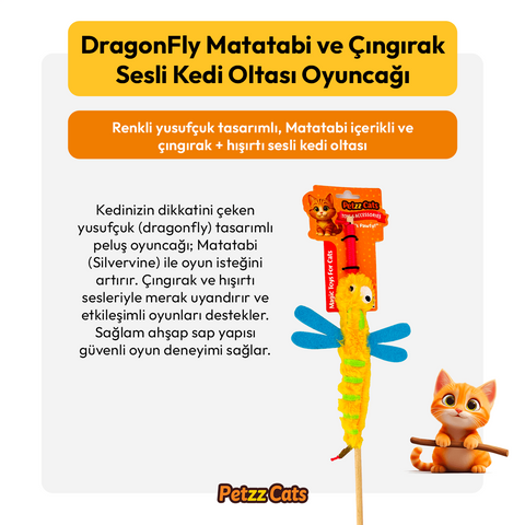 PetzzCats DragonFly Matatabi ve Çıngırak Sesli Kedi Oltası Oyuncağı Sarı 42 Cm