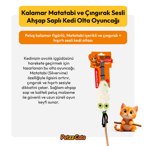 PetzzCats Kalamar Matatabi ve Çıngırak Sesli Kedi Oltası Oyuncağı Beyaz 42 Cm
