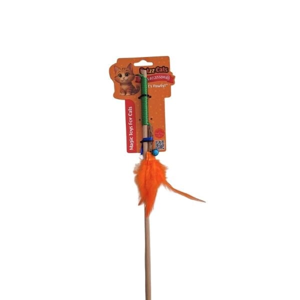 PetzzCats Fish Matatabi ve Çıngırak Sesli Ahşap Saplı Kedi Olta Oyuncağı Koyu Yeşil 42 Cm