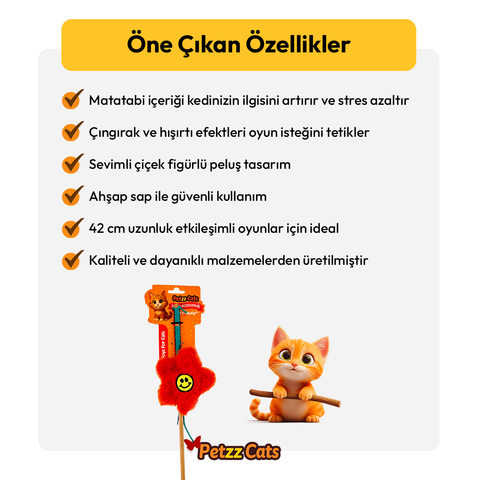 PetzzCats Flower Matatabi ve Çıngırak Sesli Kedi Oltası Oyuncağı Turuncu 42 Cm