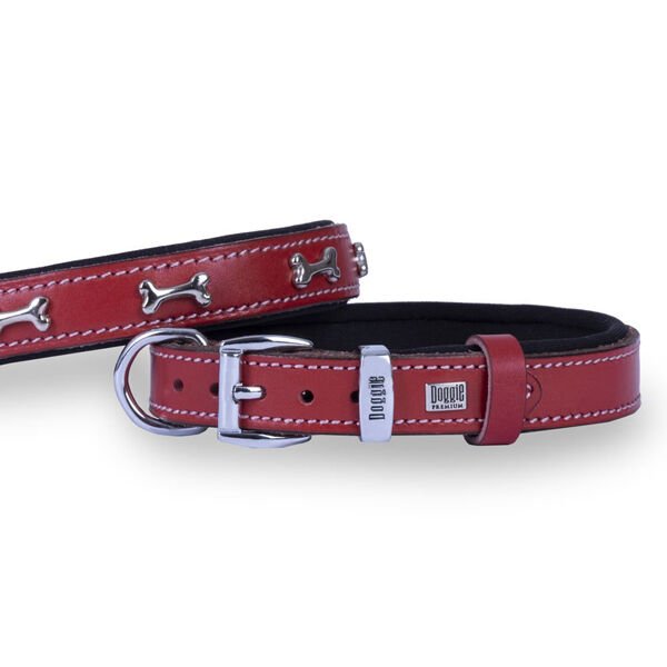 Doggie Comfort Deri Kemik Süslü Köpek Boyun Tasması Medium Kırmızı 2x35-40 Cm