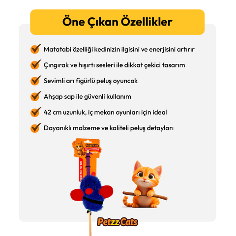 PetzzCats Bee Matatabi ve Çıngırak Sesli Kedi Oltası Oyuncağı Mavi 42 Cm