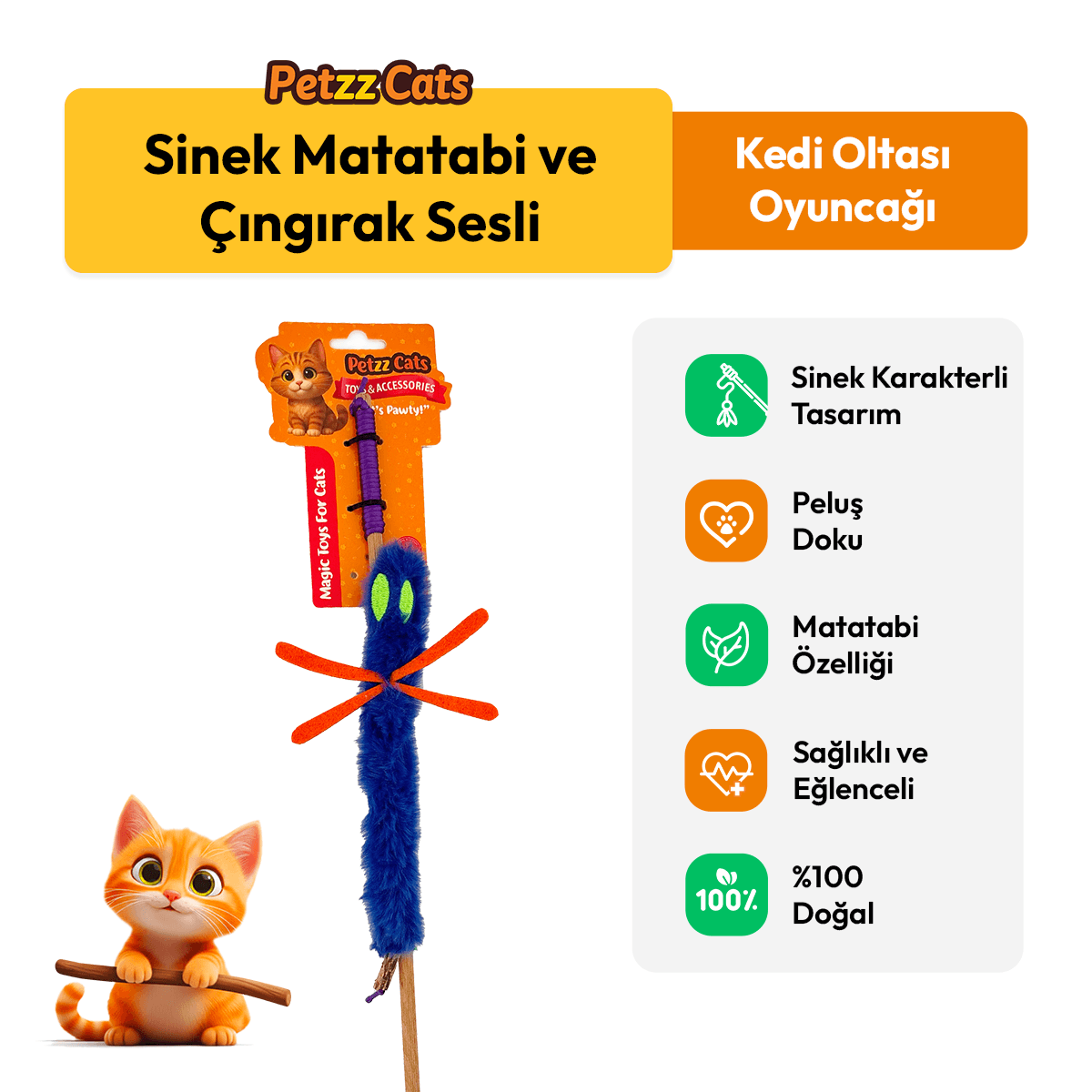PetzzCats Sinek Matatabi ve Çıngırak Sesli Kedi Oltası Oyuncağı Mavi 42 Cm