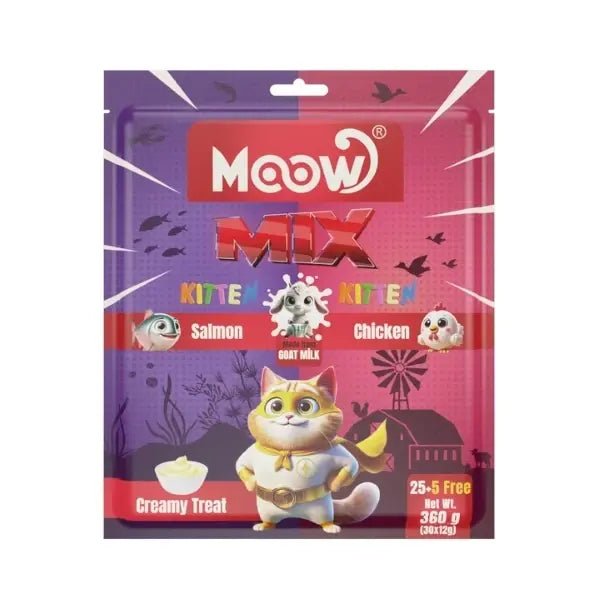 Moow Karışık Somonlu Tavuklu ve Keçi Sütlü Yavru Sıvı Kedi Ödül Maması 1 Adet 30x12 Gr