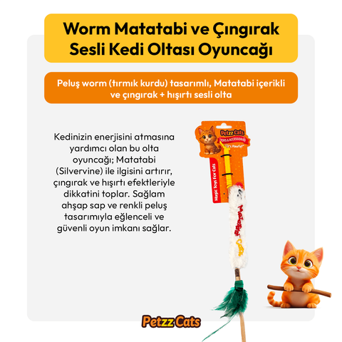 PetzzCats Worm Matatabi ve Çıngırak Sesli Kedi Oltası Oyuncağı Beyaz 42 Cm