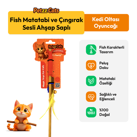 PetzzCats Fish Matatabi ve Çıngırak Sesli Ahşap Saplı Kedi Olta Oyuncağı Kırmızı 42 Cm
