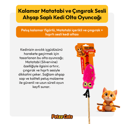PetzzCats Kalamar Matatabi ve Çıngırak Sesli Kedi Oltası Oyuncağı Pembe 42 Cm