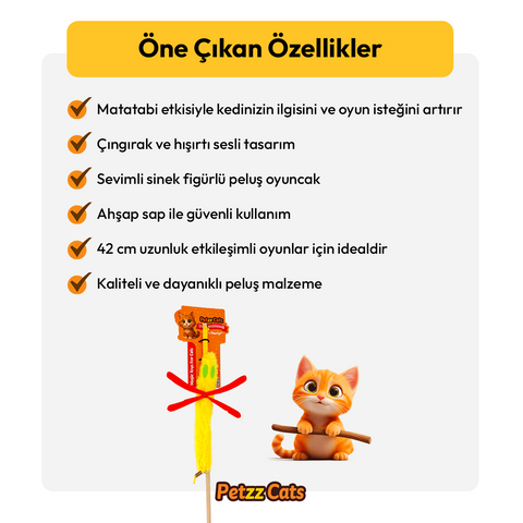PetzzCats Sinek Matatabi ve Çıngırak Sesli Kedi Oltası Oyuncağı Sarı 42 Cm