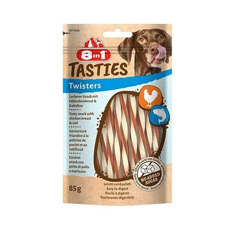 8in1 Tasties Twisters Tavuklu ve Balıklı Burgu Köpek Kemik Ödülü 1 Adet 85 Gr