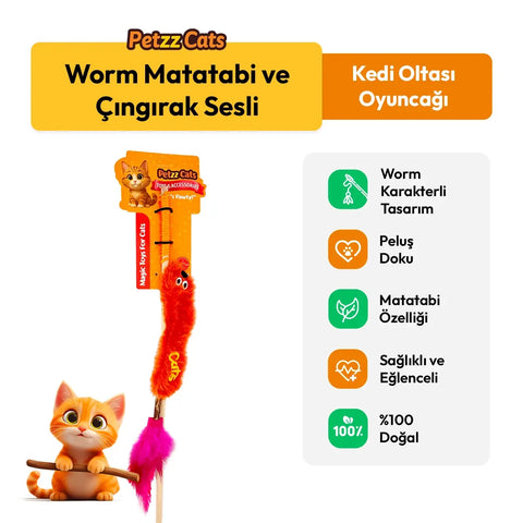 PetzzCats Worm Matatabi ve Çıngırak Sesli Kedi Oltası Oyuncağı Turuncu 42 Cm