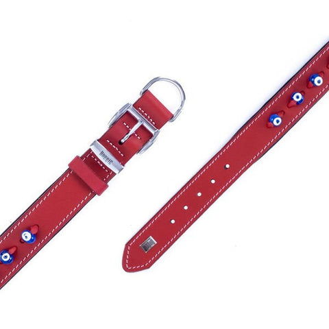 Doggie Comfort Deri Nazar Boncuklu Köpek Boyun Tasması Medium Kırmızı 4x52-60 Cm