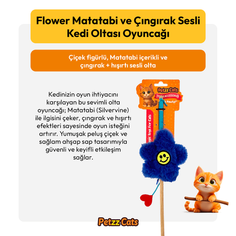 PetzzCats Flower Matatabi ve Çıngırak Sesli Kedi Oltası Oyuncağı Mavi 42 Cm
