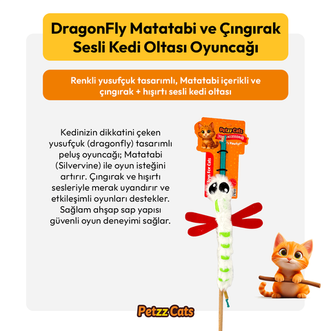 PetzzCats DragonFly Matatabi ve Çıngırak Sesli Kedi Oltası Oyuncağı Beyaz 42 Cm