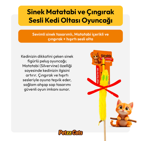PetzzCats Sinek Matatabi ve Çıngırak Sesli Kedi Oltası Oyuncağı Sarı 42 Cm