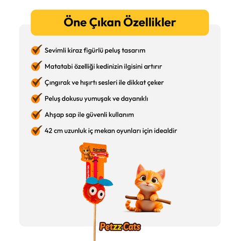 PetzzCats Cherry Matatabi ve Çıngırak Sesli Kedi Oltası Oyuncağı Turuncu 42 Cm
