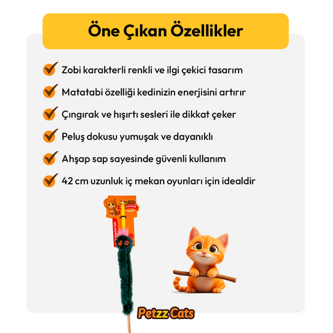 PetzzCats Zobi Matatabi ve Çıngırak Sesli Kedi Oltası Oyuncağı Yeşil 42 Cm
