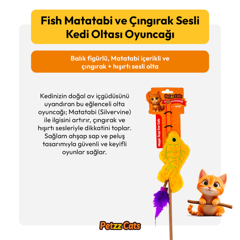 PetzzCats Fish Matatabi ve Çıngırak Sesli Kedi Oltası Oyuncağı Sarı 42 Cm