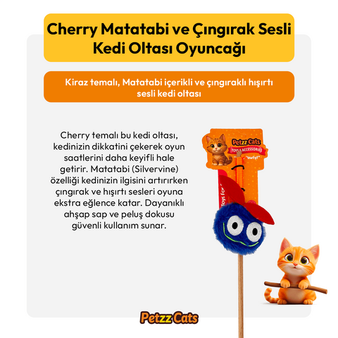 PetzzCats Cherry Matatabi ve Çıngırak Sesli Kedi Oltası Oyuncağı Mavi 42 Cm