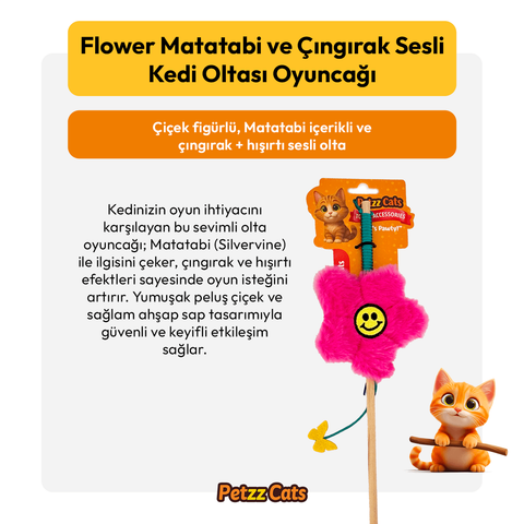 PetzzCats Flower Matatabi ve Çıngırak Sesli Kedi Oltası Oyuncağı Pembe 42 Cm