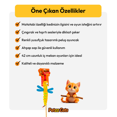 PetzzCats DragonFly Matatabi ve Çıngırak Sesli Kedi Oltası Oyuncağı Sarı 42 Cm