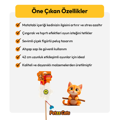 PetzzCats Flower Matatabi ve Çıngırak Sesli Kedi Oltası Oyuncağı Beyaz 42 Cm