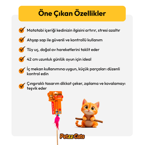 PetzzCats Fish Matatabi ve Çıngırak Sesli Ahşap Saplı Kedi Olta Oyuncağı Turuncu 42 Cm