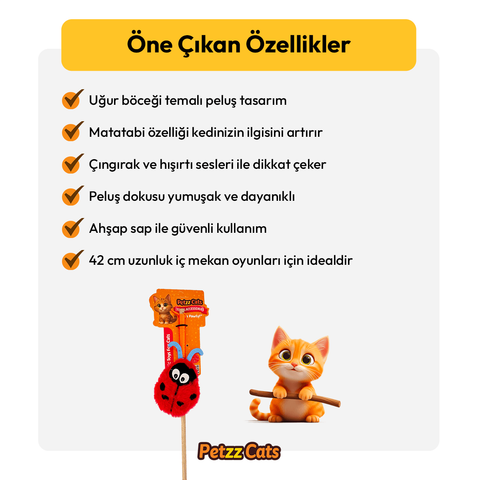 PetzzCats LadyBird Matatabi ve Çıngırak Sesli Kedi Oltası Oyuncağı Kırmızı/Mavi 42 Cm