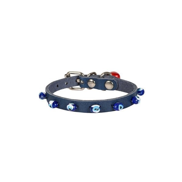 Cattie Boncuklu Deri Küçük Irk Köpek ve Kedi Boyun Tasması Small Royal Mavi 1x16-20 Cm