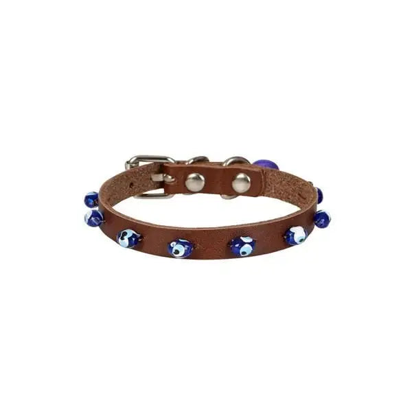 Cattie Boncuklu Deri küçük Irk Köpek ve Kedi Boyun Tasması Medium Kahverengi 1x20-23 Cm