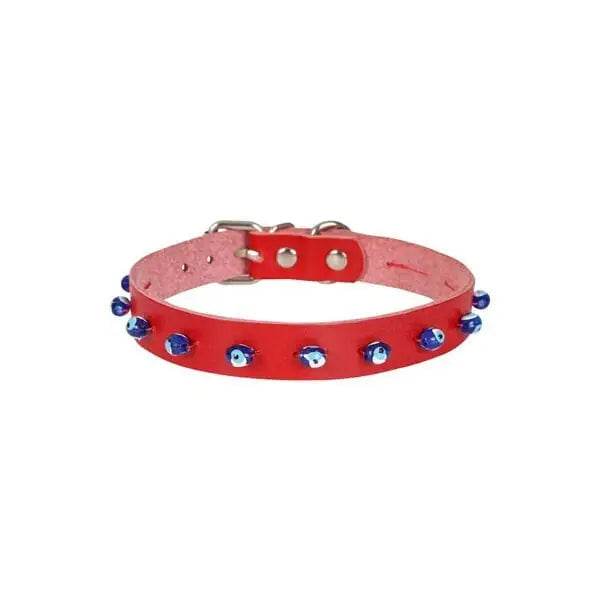 Cattie Boncuklu Deri küçük Irk Köpek ve Kedi Boyun Tasması Xlarge Kırmızı 1.5x26-30 Cm