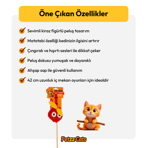 PetzzCats Cherry Matatabi ve Çıngırak Sesli Kedi Oltası Oyuncağı Kırmızı 42 Cm