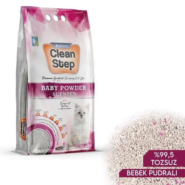 Clean Step Aktif Karbonlu Bebek Pudralı İnce Taneli Topaklanan Bentonit Kedi Kumu 10 Lt