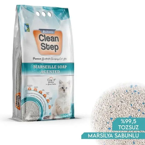 Clean Step Aktif Karbonlu Marsilla Kokulu İnce Taneli Topaklanan Bentonit Kedi Kumu 10 Lt