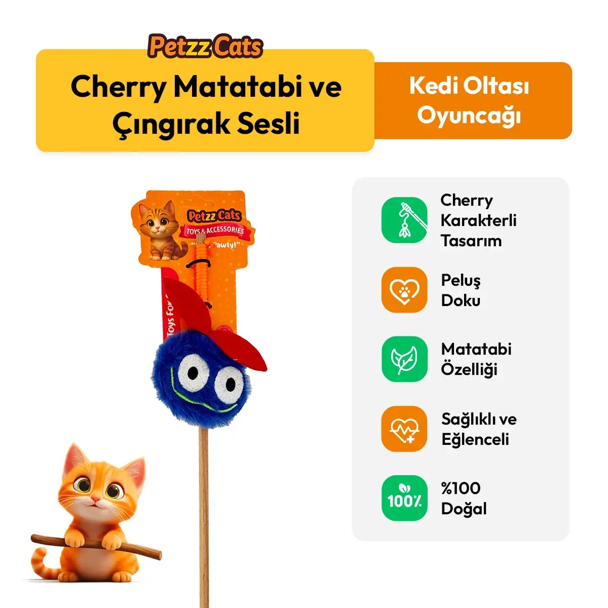 PetzzCats Cherry Matatabi ve Çıngırak Sesli Kedi Oltası Oyuncağı Mavi 42 Cm