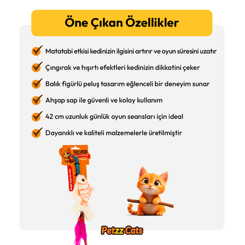 PetzzCats Fish Matatabi ve Çıngırak Sesli Kedi Oltası Oyuncağı Beyaz 42 Cm