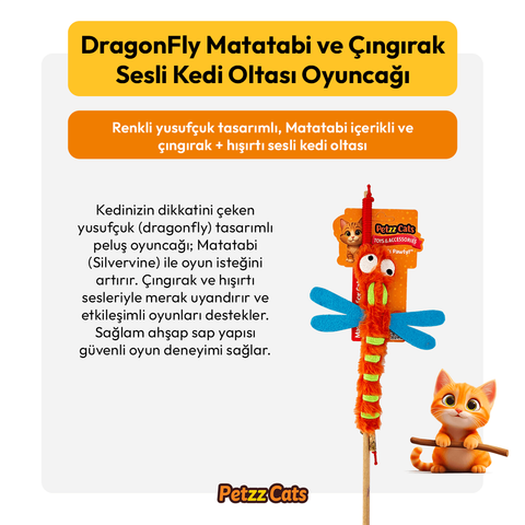 PetzzCats DragonFly Matatabi ve Çıngırak Sesli Kedi Oltası Oyuncağı Turuncu 42 Cm