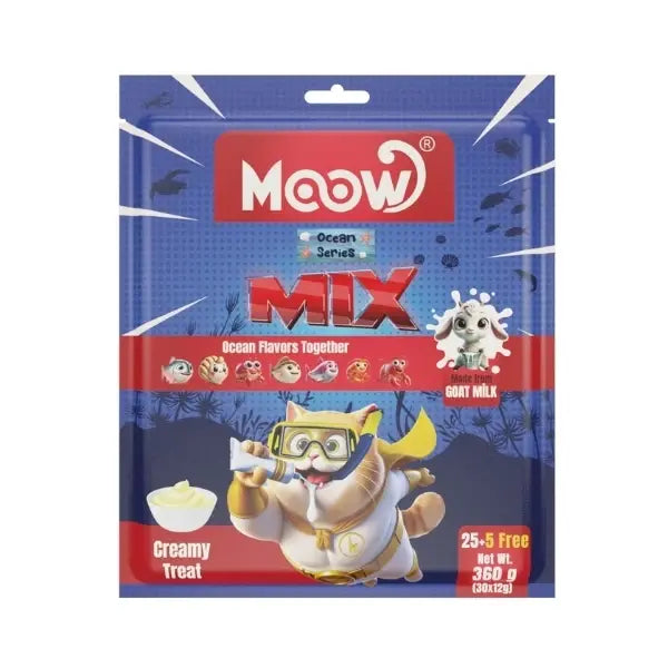 Moow Karışık 7 Lezzetli Okyanus Serisi Keçi Sütlü Yetişkin Sıvı Kedi Ödül Maması 1 Adet 30x12 Gr