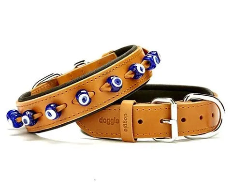 Doggie Comfort Deri Nazar Boncuklu Köpek Boyun Tasması Large Camel 3.5x52-60 Cm