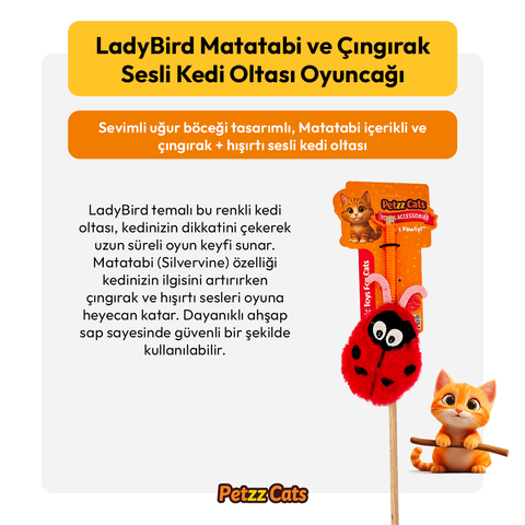 PetzzCats LadyBird Matatabi ve Çıngırak Sesli Kedi Oltası Oyuncağı Kırmızı/Pembe 42 Cm