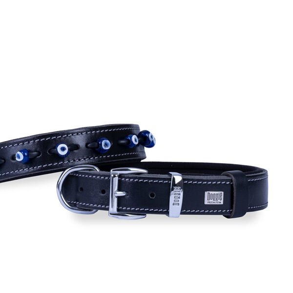 Doggie Comfort Deri Nazar Boncuklu Köpek Boyun Tasması Medium Siyah 2.5x37-45 Cm