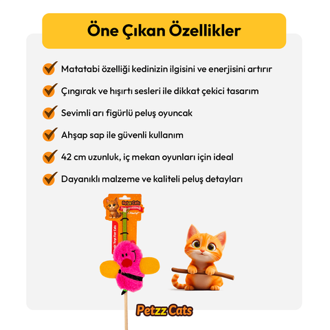 PetzzCats Bee Matatabi ve Çıngırak Sesli Kedi Oltası Oyuncağı Pembe 42 Cm