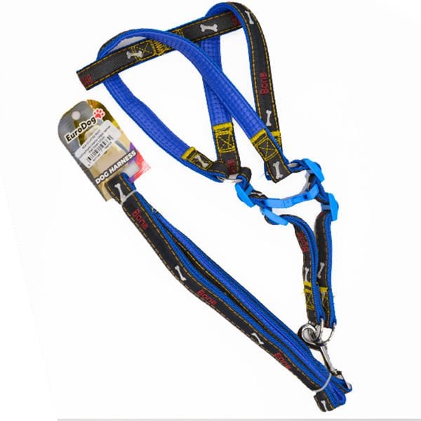 Euro Dog Köpek Uzatma Tasması ve Göğüs Tasması Takımı Mavi/Siyah 20 Mm 120 Cm