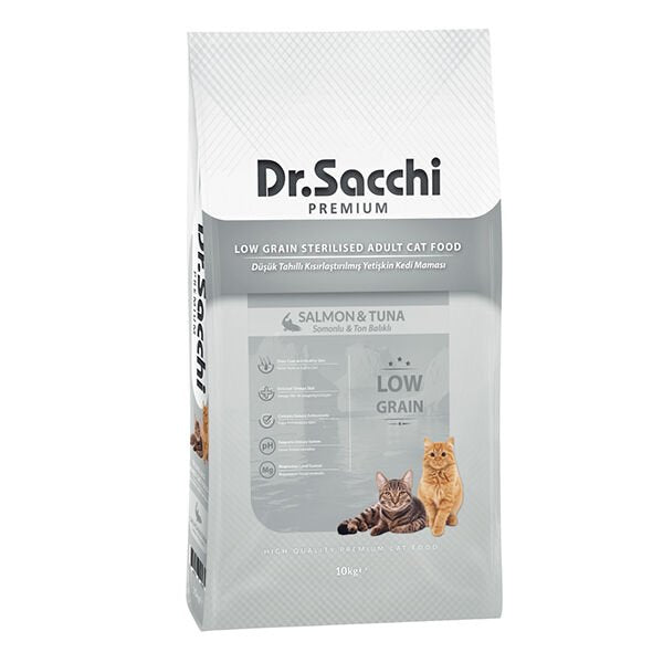 Dr.Sacchi Premium Düşük Tahıllı Somonlu ve Ton Balıklı Kısırlaştırılmış Kedi Maması 10 Kg