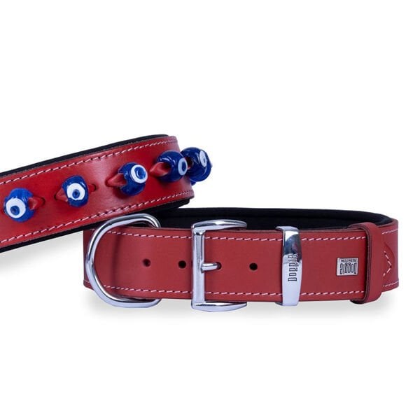 Doggie Comfort Deri Nazar Boncuklu Köpek Boyun Tasması Medium Kırmızı 4x52-60 Cm