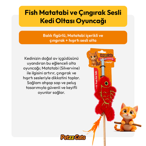 PetzzCats Fish Matatabi ve Çıngırak Sesli Kedi Oltası Oyuncağı Kırmızı 42 Cm