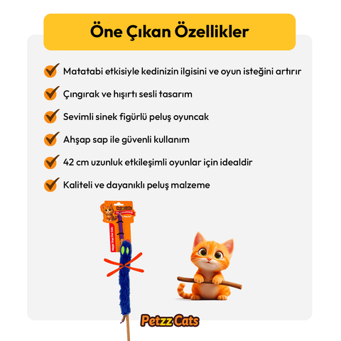 PetzzCats Sinek Matatabi ve Çıngırak Sesli Kedi Oltası Oyuncağı Mavi 42 Cm