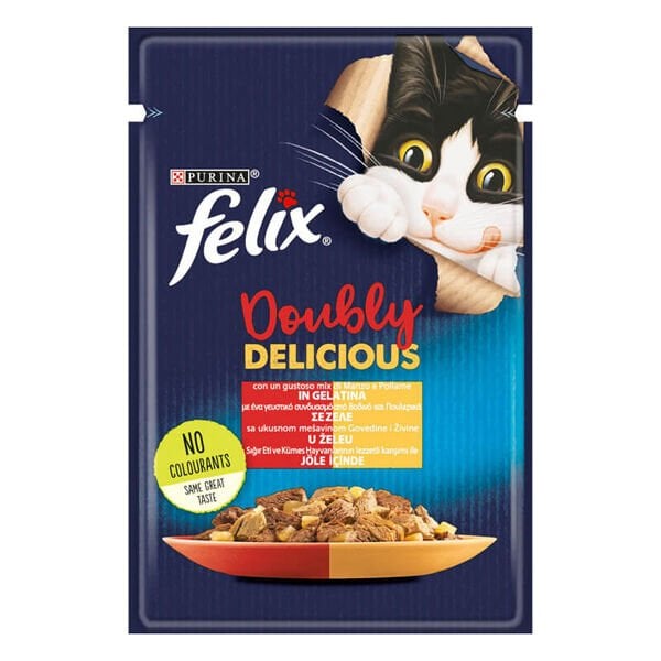 Felix Taze Sığır Etli ve Kümes Hayvanlı Jöleli Pouch Yetişkin Yaş Kedi Maması 1 Adet 85 Gr
