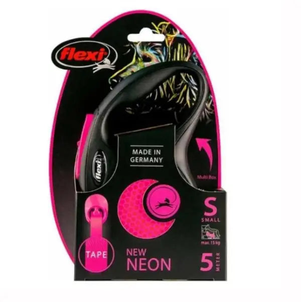 Flexi Neon Reflektörlü şerit Otomatik Köpek Gezdirme Tasması Pembe Small 5 Mt