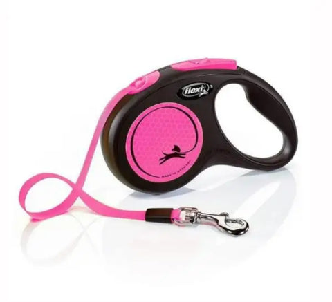 Flexi Neon Reflektörlü şerit Otomatik Köpek Gezdirme Tasması Pembe Small 5 Mt
