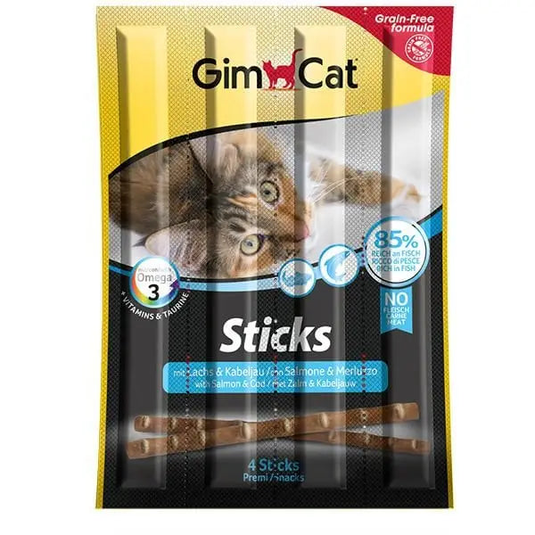 Gimcat Sticks Somon ve Morina Balıklı Kedi ödül çubuğu 4 Adet 20 Gr